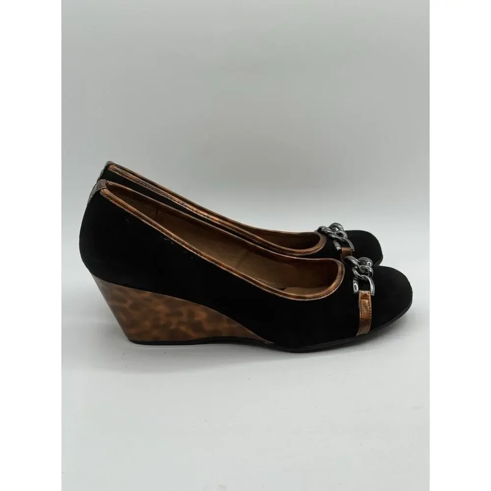 Black Suede Wedge Heels with Tortoiseshell Wedge and Chain Detail